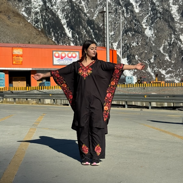Black shot kaftan cord set with multitone kashmiri ari embroidery