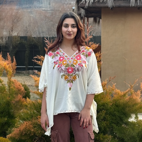 White Mini Kaftan with Kashmiri Multitone Aari Embroidery – 25 Inch