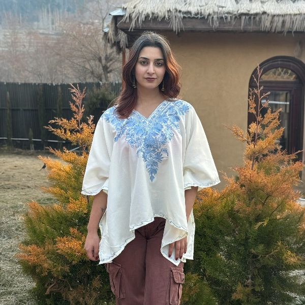 White Mini Kaftan with Kashmiri blue Aari Embroidery – 25 Inch