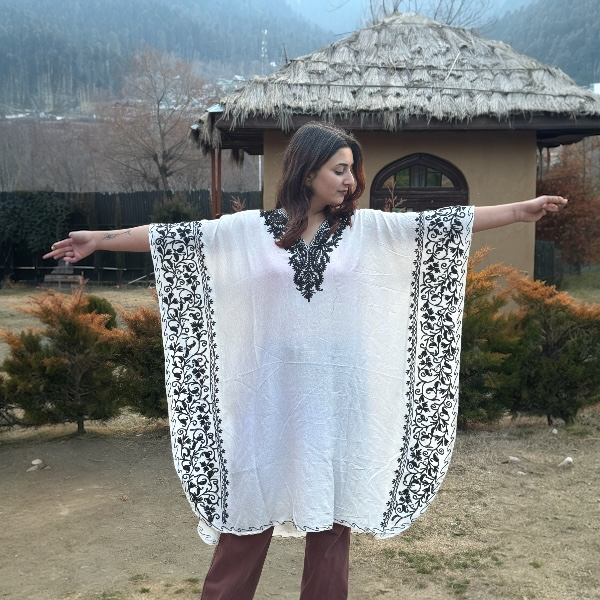 white side jaal kaftan with black ari embroidery